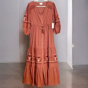Collective Story Embroidered Cotton Maxi Dress Sz L Terracotta Boho Prairie NWT